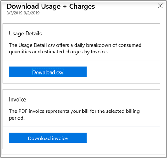 Screenshot that shows the Download invoice and usage page.