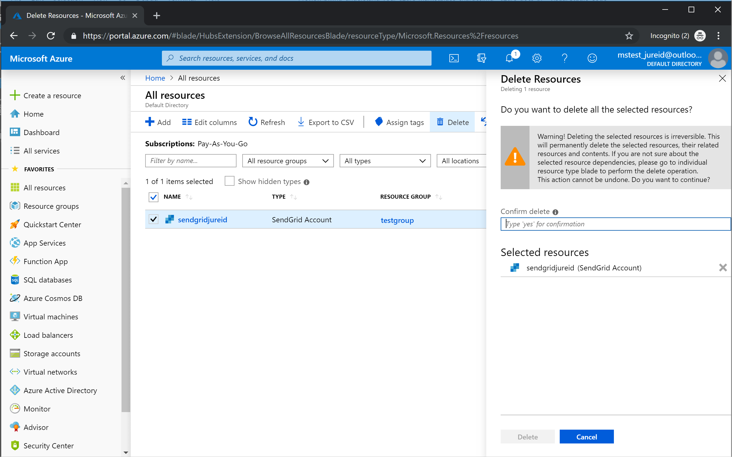 Screenshot showing the Delete resources page where you type Yes to delete the resource.