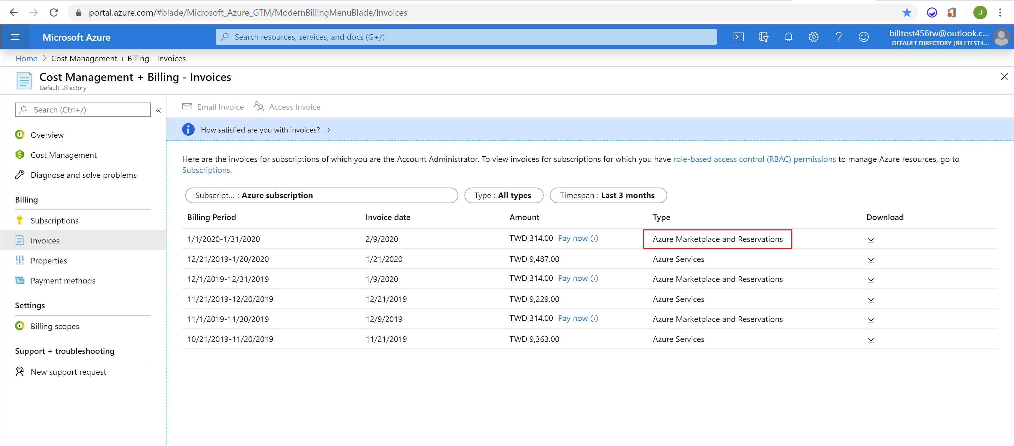 Screenshot showing billing invoices with Azure Marketplace and Reservations highlighted.