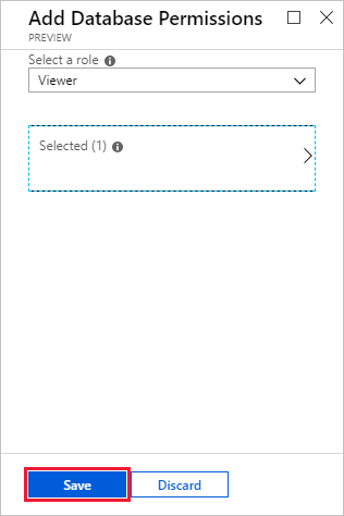 Screenshot of the Add Database Permissions pane with the Save button highlighted.