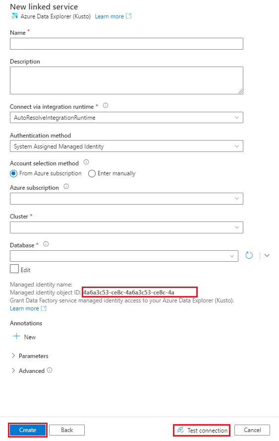 The Azure Data Explorer New Linked Service pane.