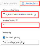 Screenshot of advanced JSON options.