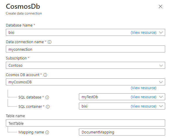 Screenshot of the data connection pane, showing the form fields with values.