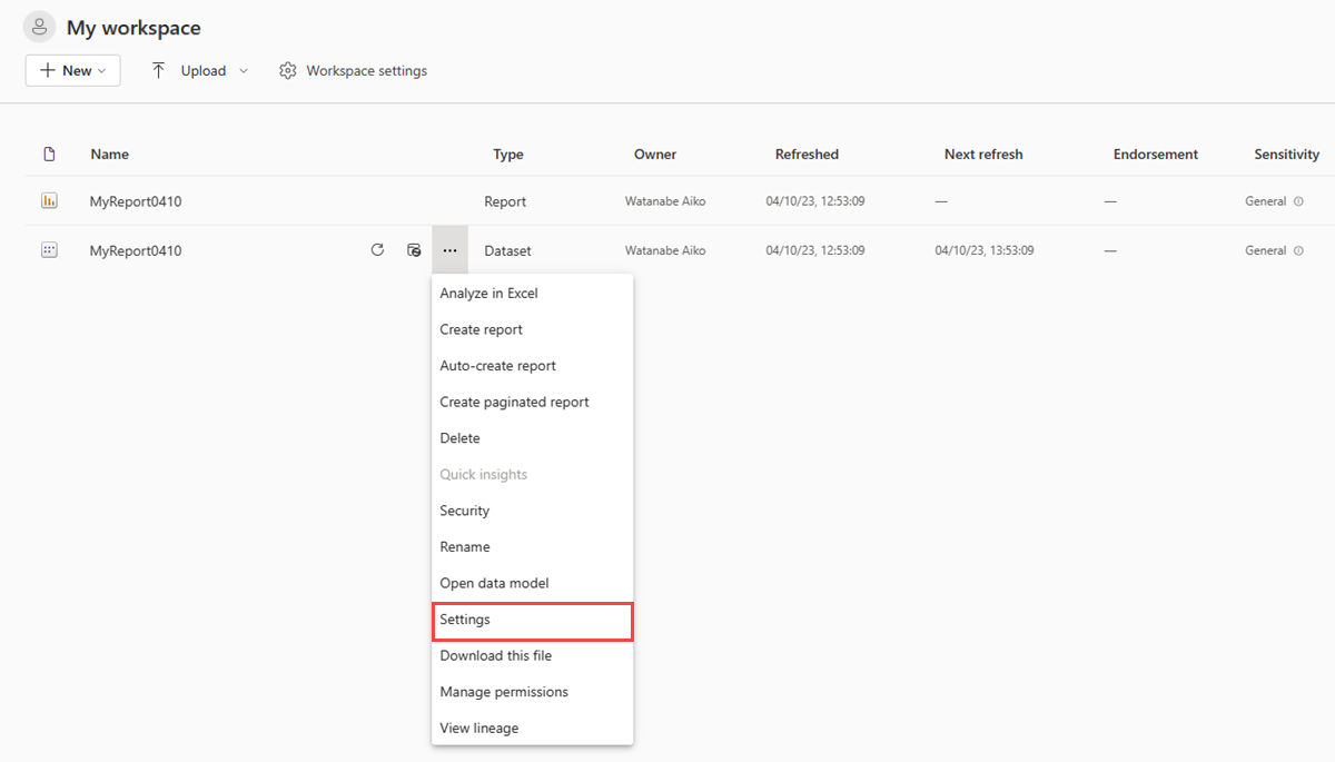 Screenshot of a workspace in the Power BI service showing the more menu of dataset.