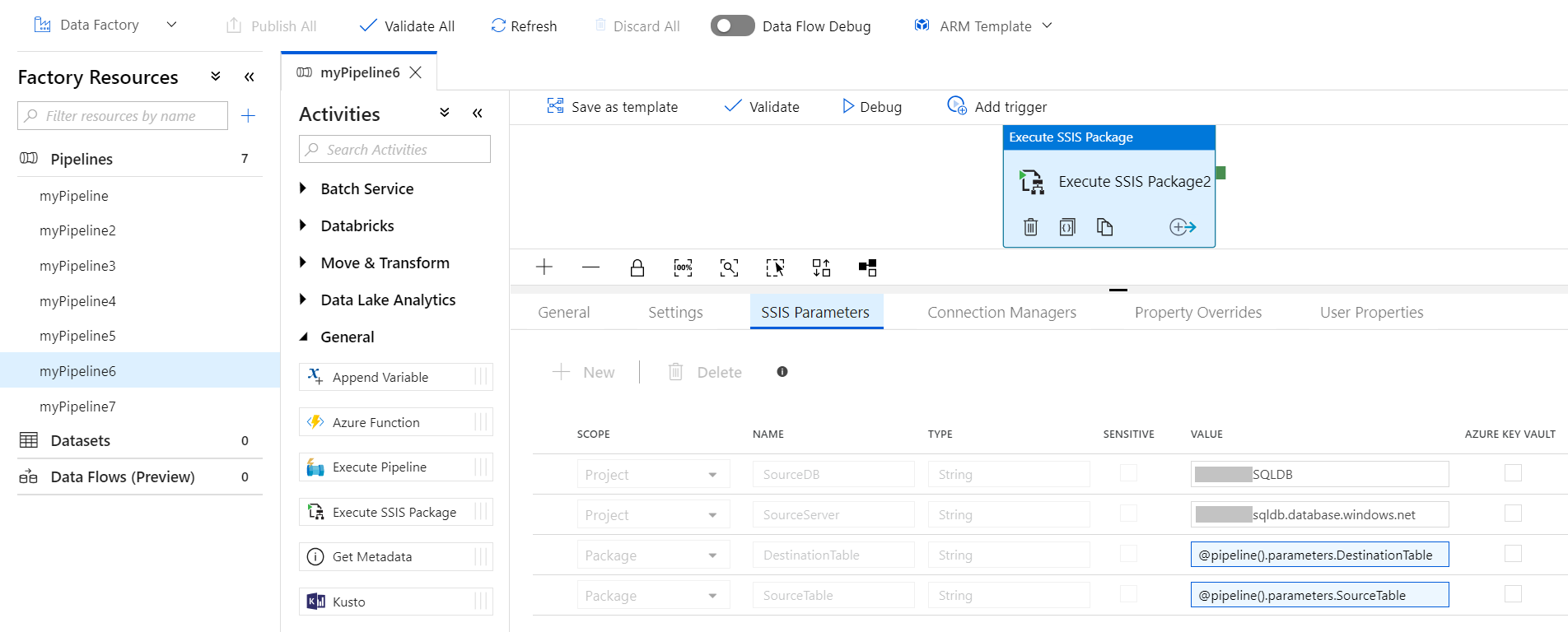 Set properties on the SSIS Parameters tab