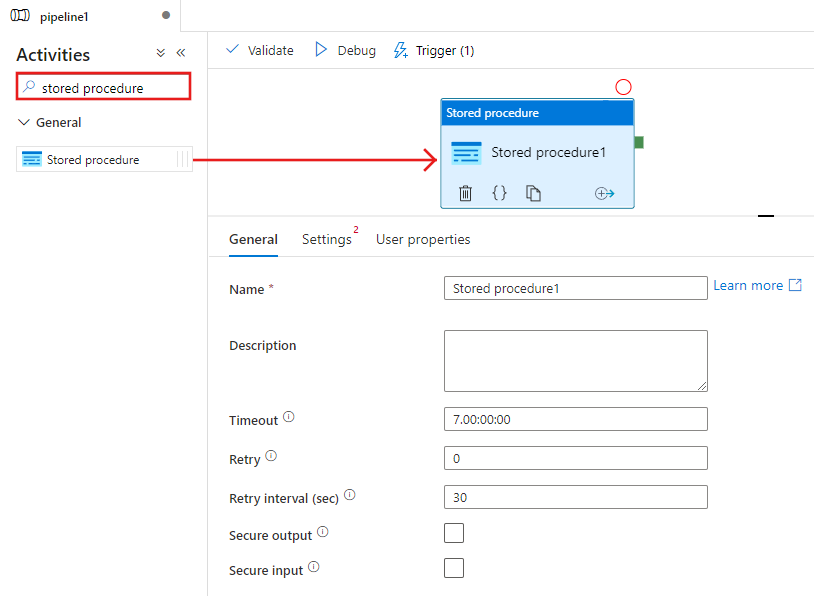 Drag-and-drop stored procedure activity