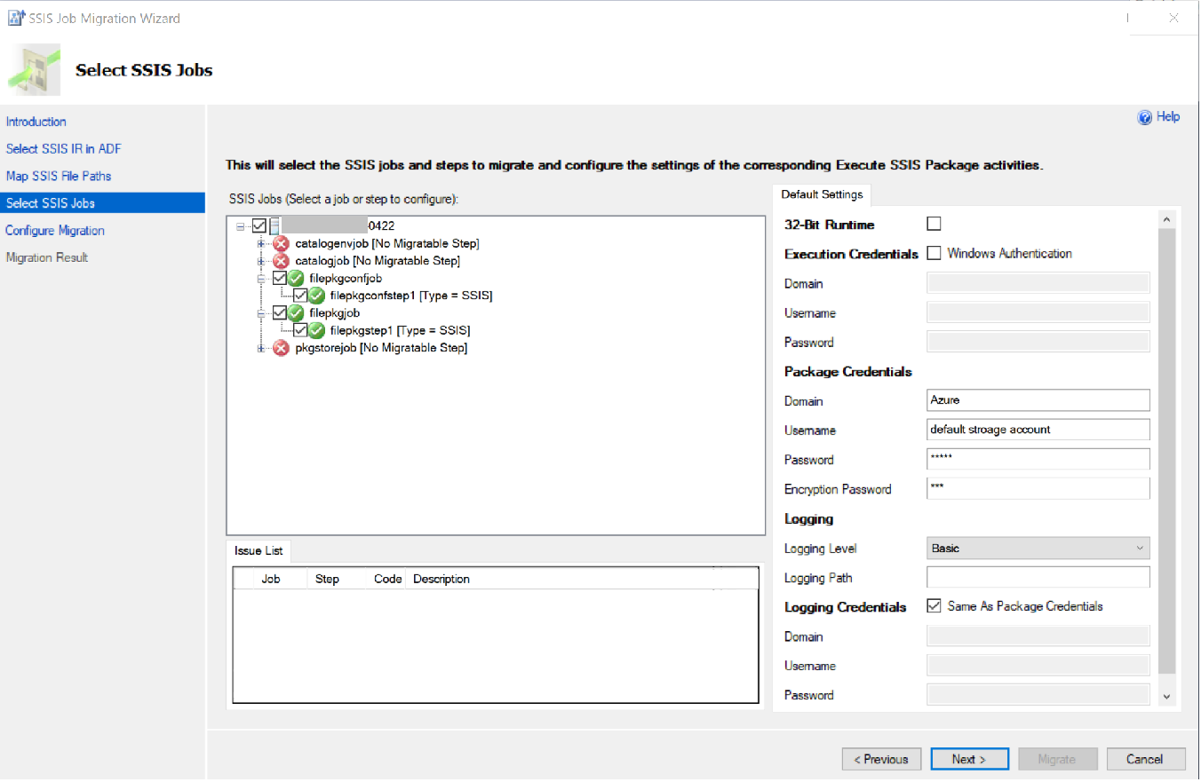 Screenshot shows the Select S S I S Jobs page, where you can configure the settings of corresponding Executed SSIS Package activity.