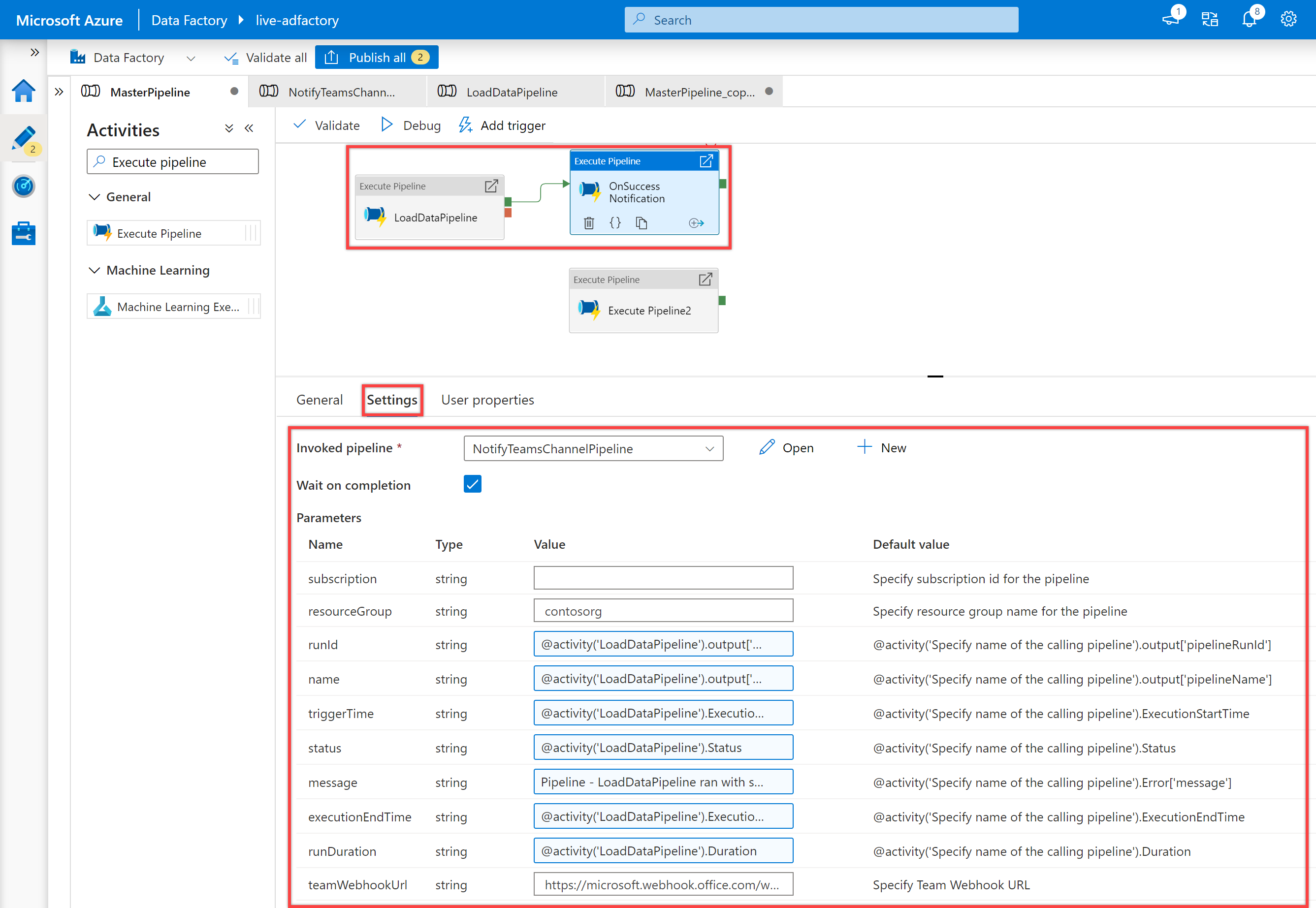 Shows the second &quot;Execute pipeline&quot; activity &quot;OnSuccess Notification&quot; setting pane for &quot;NotifiyTeamsChannelPipeline&quot; pipeline.