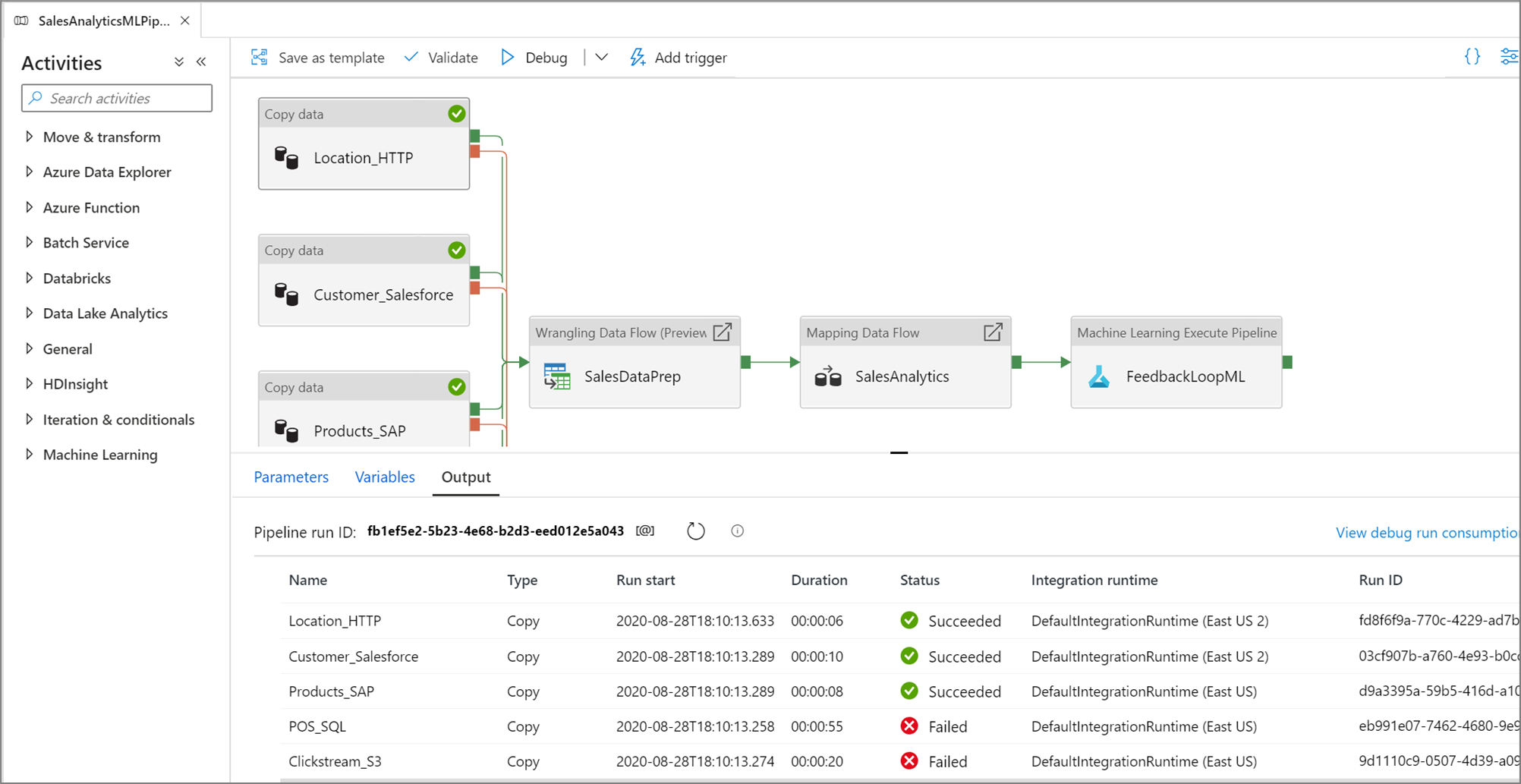 Output window of the pipeline canvas