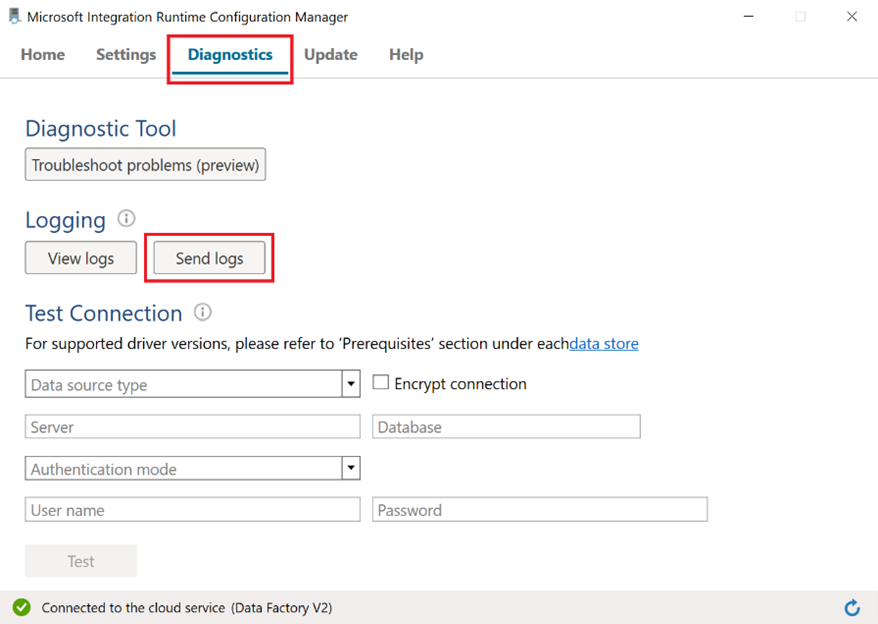 Screenshot of the Integration Runtime Configuration Manager Diagnostics tab, with Send logs highlighted.