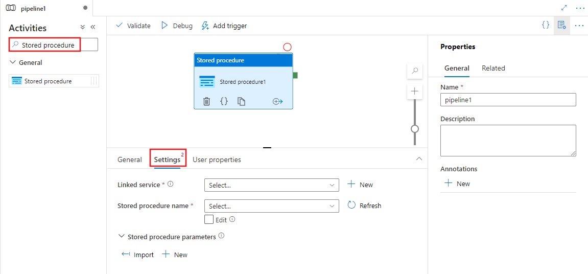 Shows the UI for a Stored Procedure activity.