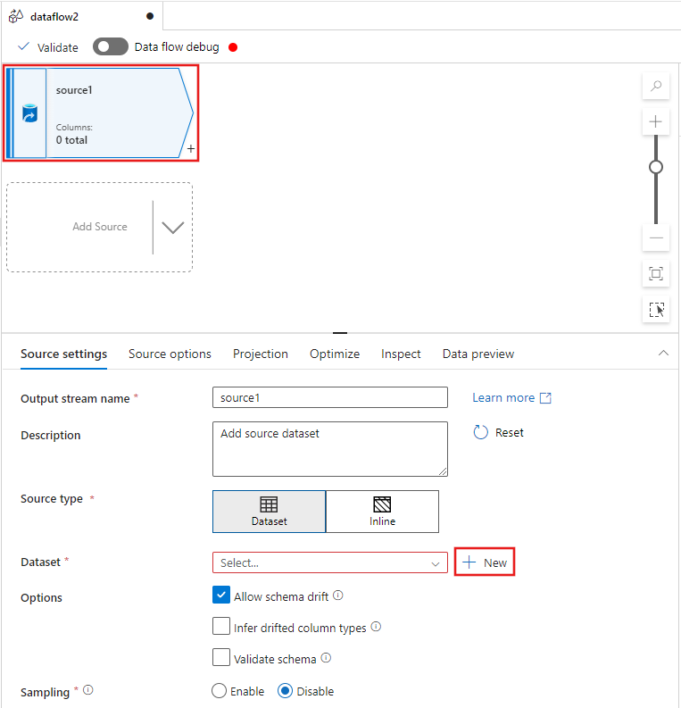 Screenshot showing where to add a new source dataset to the data flow.