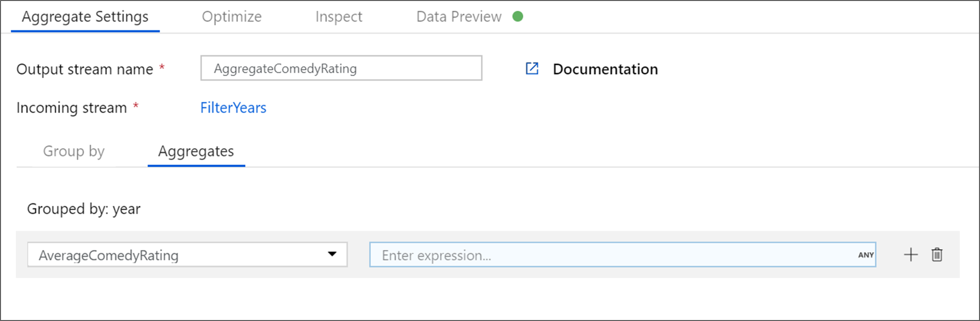 Screenshot that shows the year option in the Aggregates tab under Aggregate Settings.