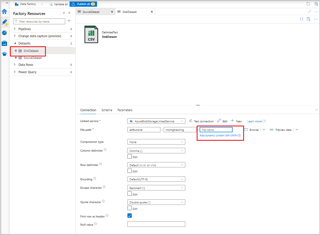 Screenshot that shows the option for setting a dynamic file path for a sink dataset.