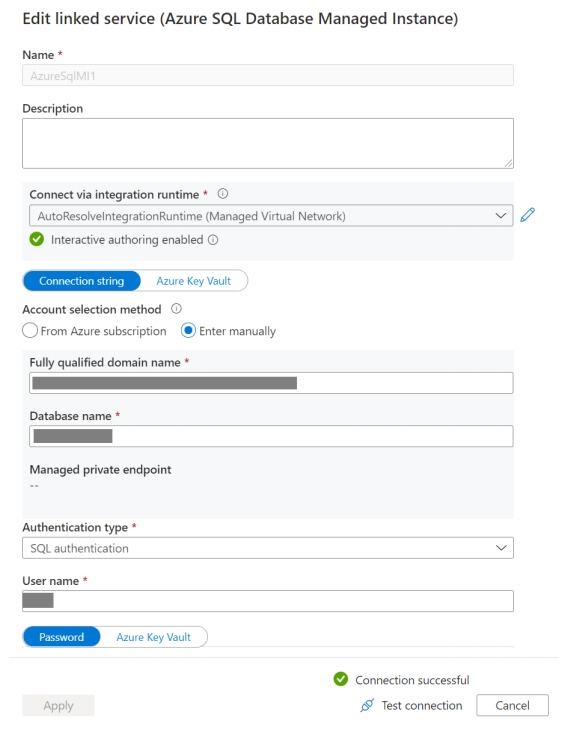 Screenshot that shows the SQL MI linked service creation page.