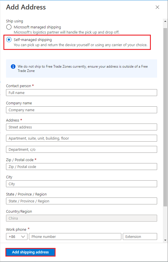 Screenshot of the Add Shipping Address dialog box with the Ship using options out and the Add shipping address option called out.