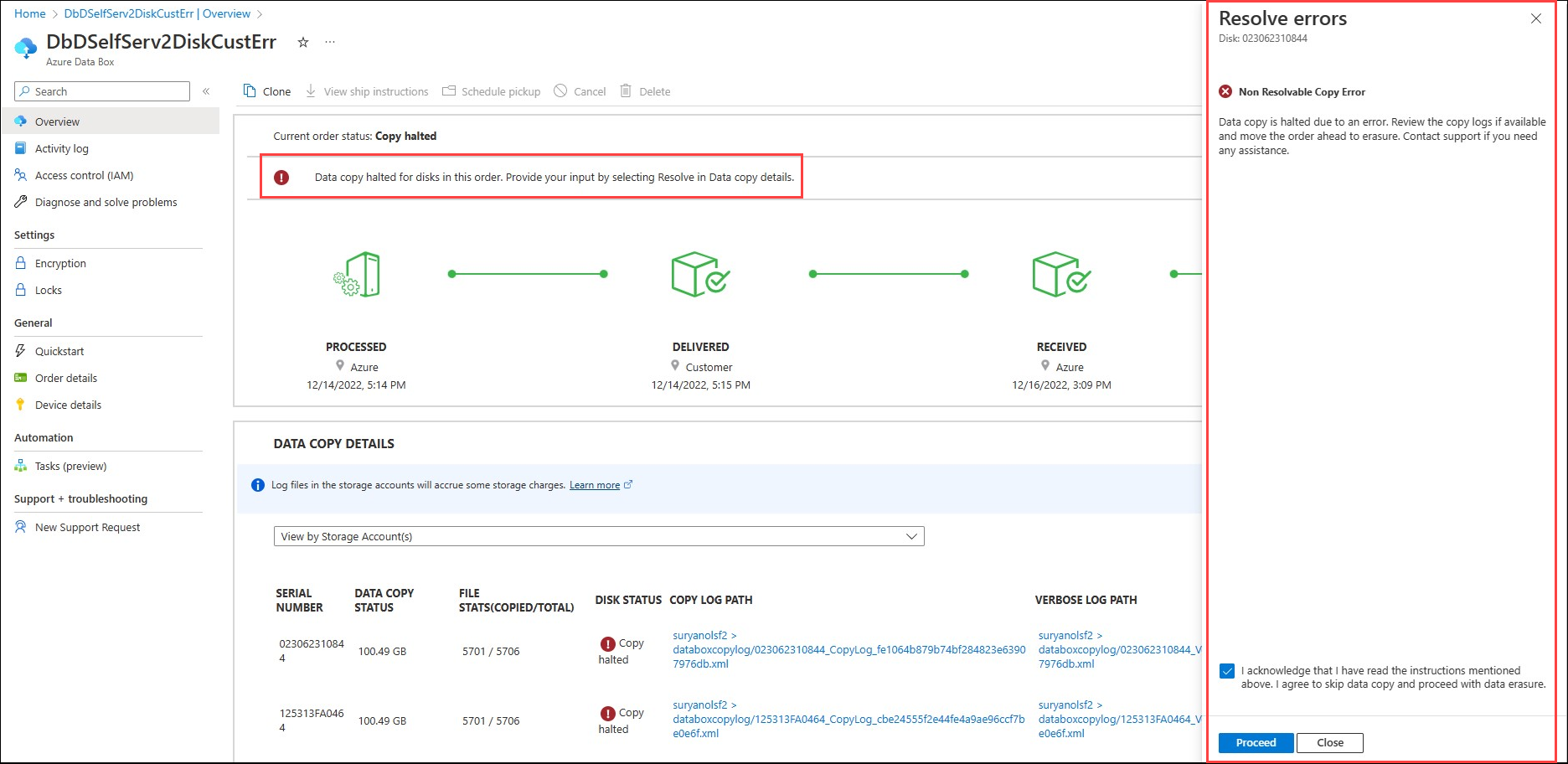 Screenshot of a Data Box Disk order with Resolve errors pane.