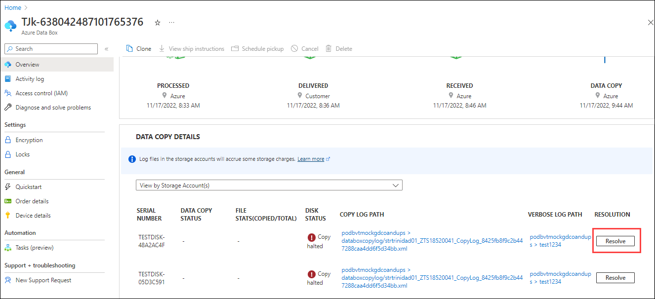 Screenshot of a Data Box Disk order with retryable upload error. Resolve option is highlighted.