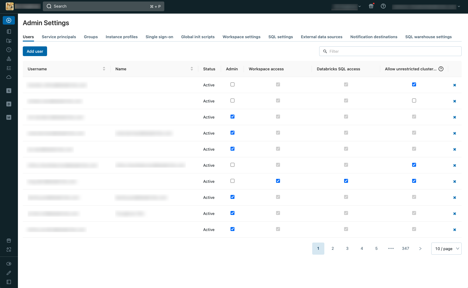 Default admin settings view