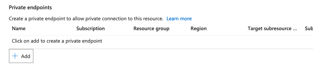 The Azure portal list of private endpoints, shown empty.