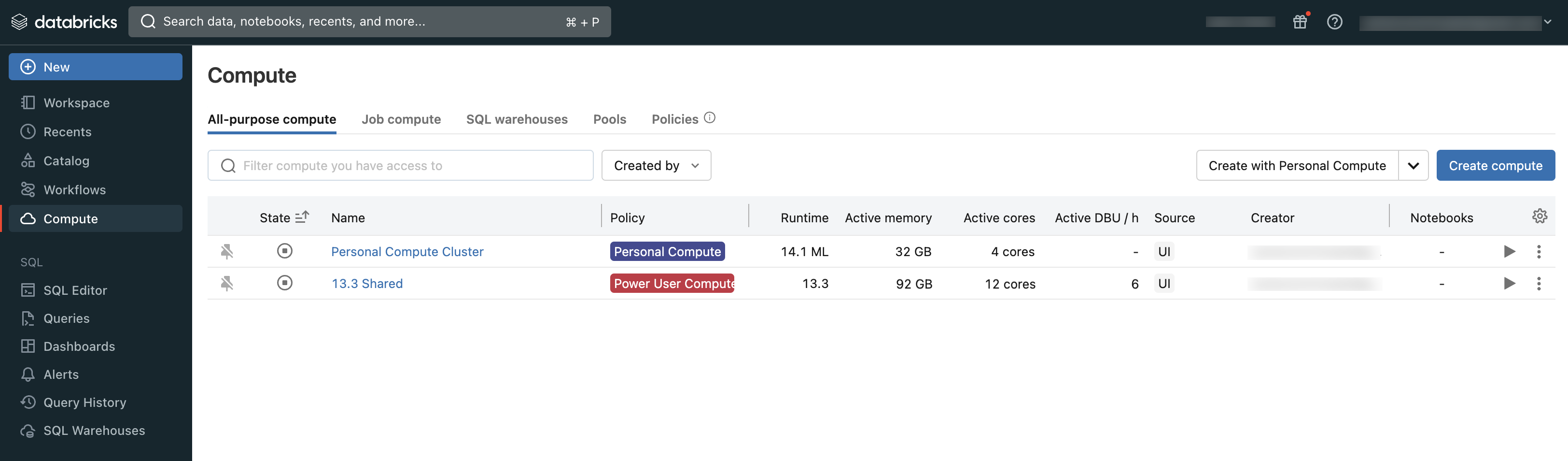 All-purpose compute page in Databricks workspace