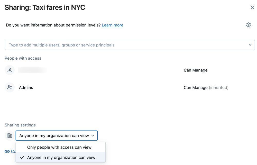 Sharing dialog showing settings for organization-wide sharing