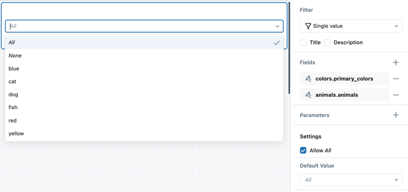 Filter configuration shows two datasets selected. The widget drop-down shows values from both datasets