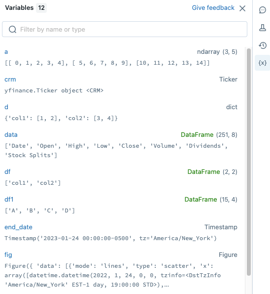 example variable explorer panel