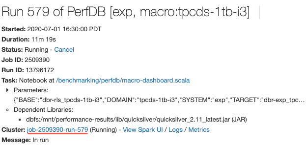 cluster link on job runs