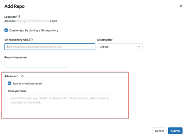 Sparse checkout option in the Add Git folder dialog.