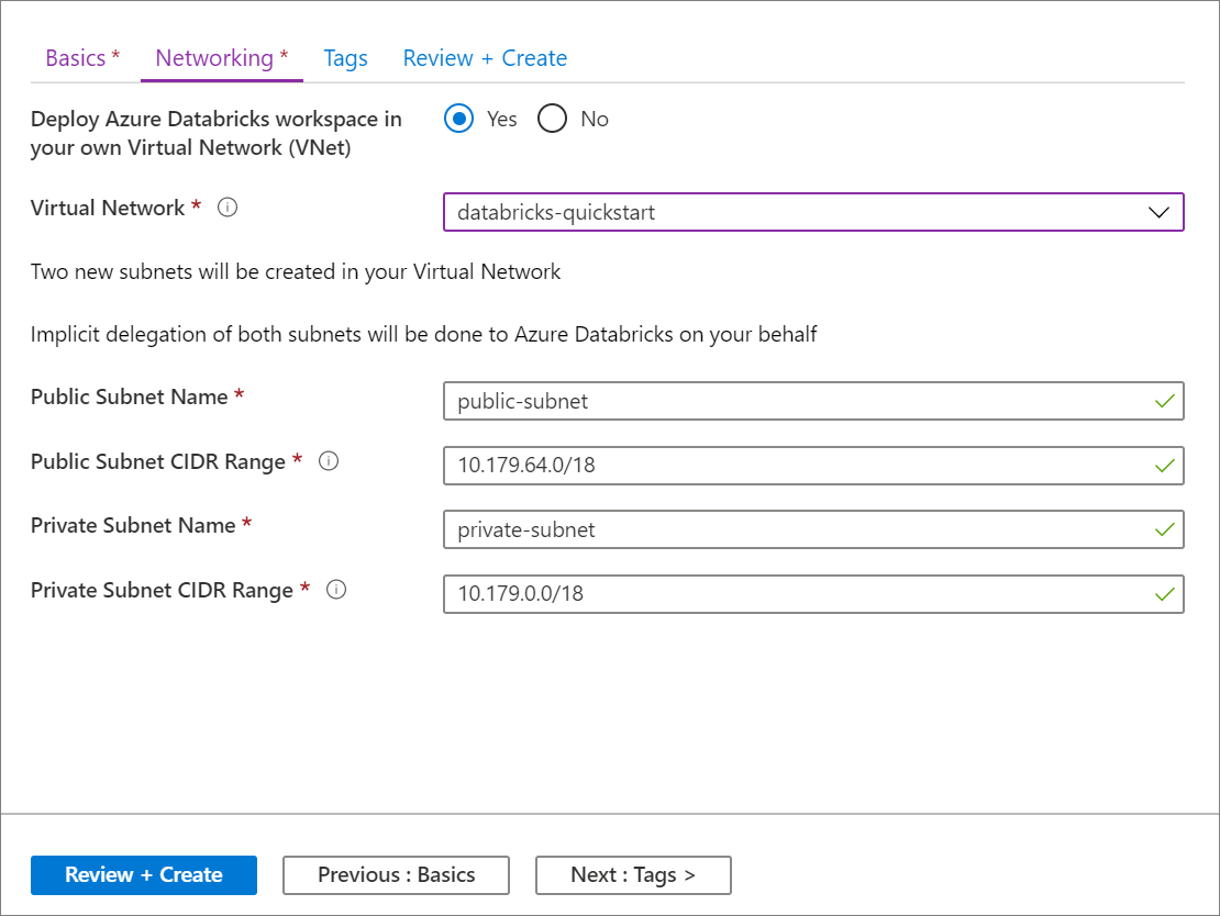 Add VNet information to Azure Databricks workspace on Azure portal