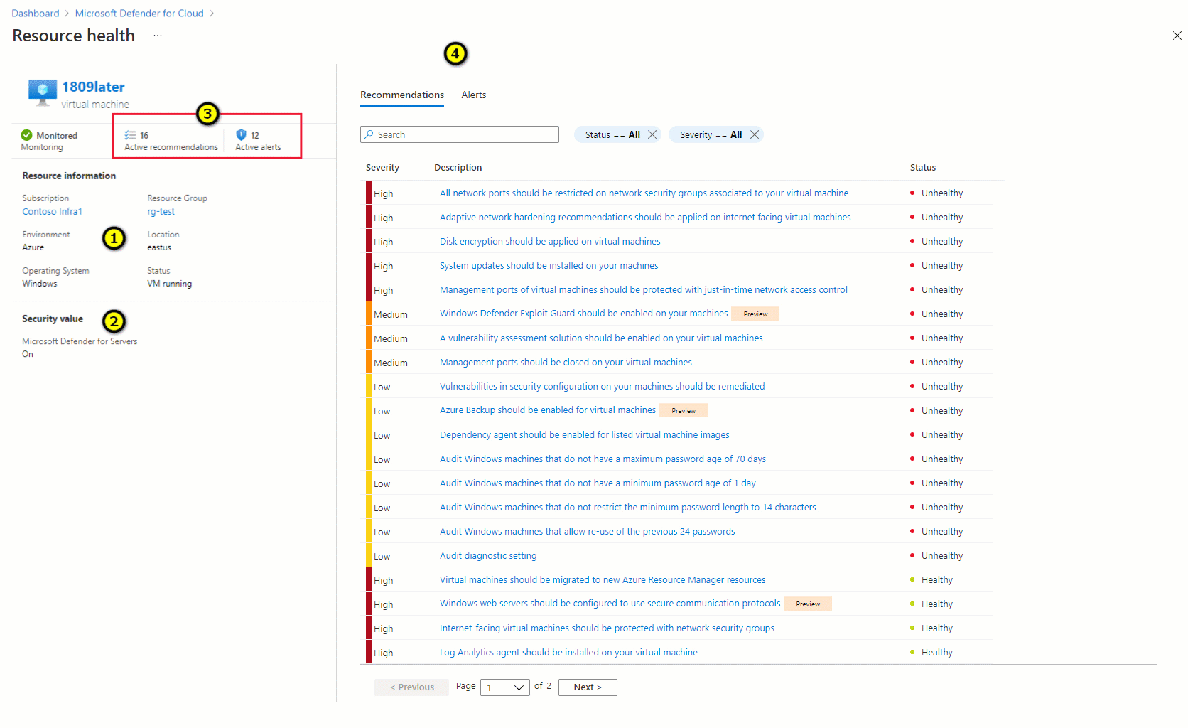 Microsoft Defender for Cloud's resource health page showing the health information for a virtual machine