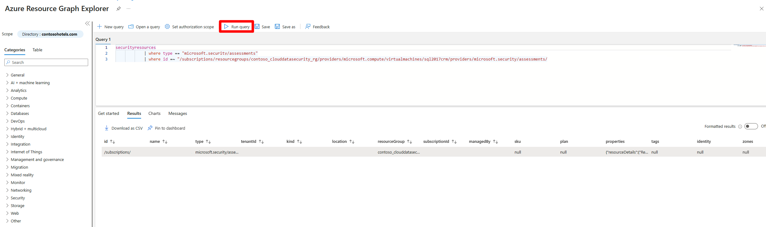 Azure Resource Graph Explorer showing the results for the recommendation shown in the previous screenshot.