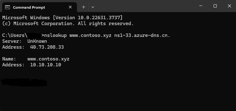 A screenshot of a command prompt window with an nslookup command and values for Server, Address, Name, and Address.