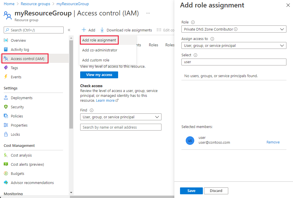 Screenshot of RBAC for private DNS resource group.