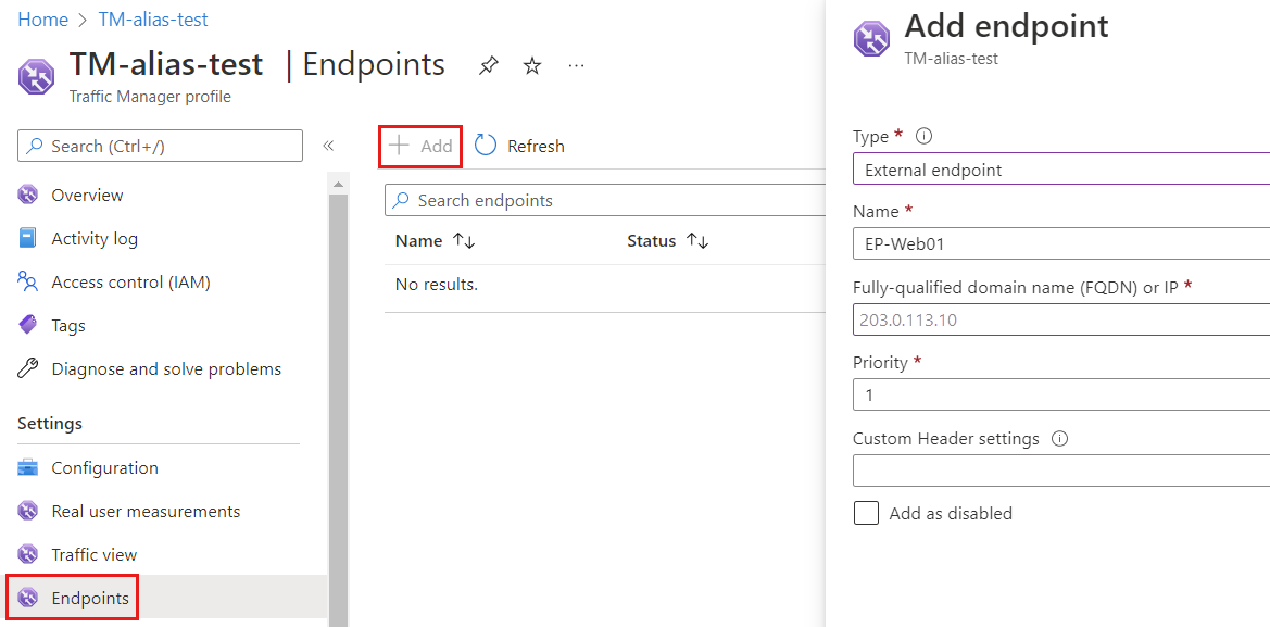 Screenshot of the Endpoints page in Traffic Manager profile showing selected settings for adding an endpoint.