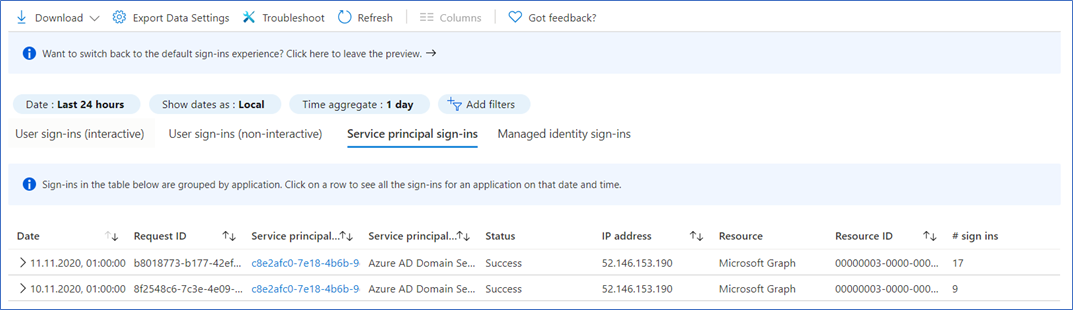 Screenshot of service principal sign-ins.
