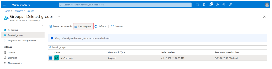 Screenshot that shows restoring groups in the Azure portal.