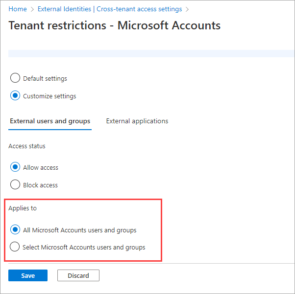 Screenshot showing selecting the external users and groups selections.