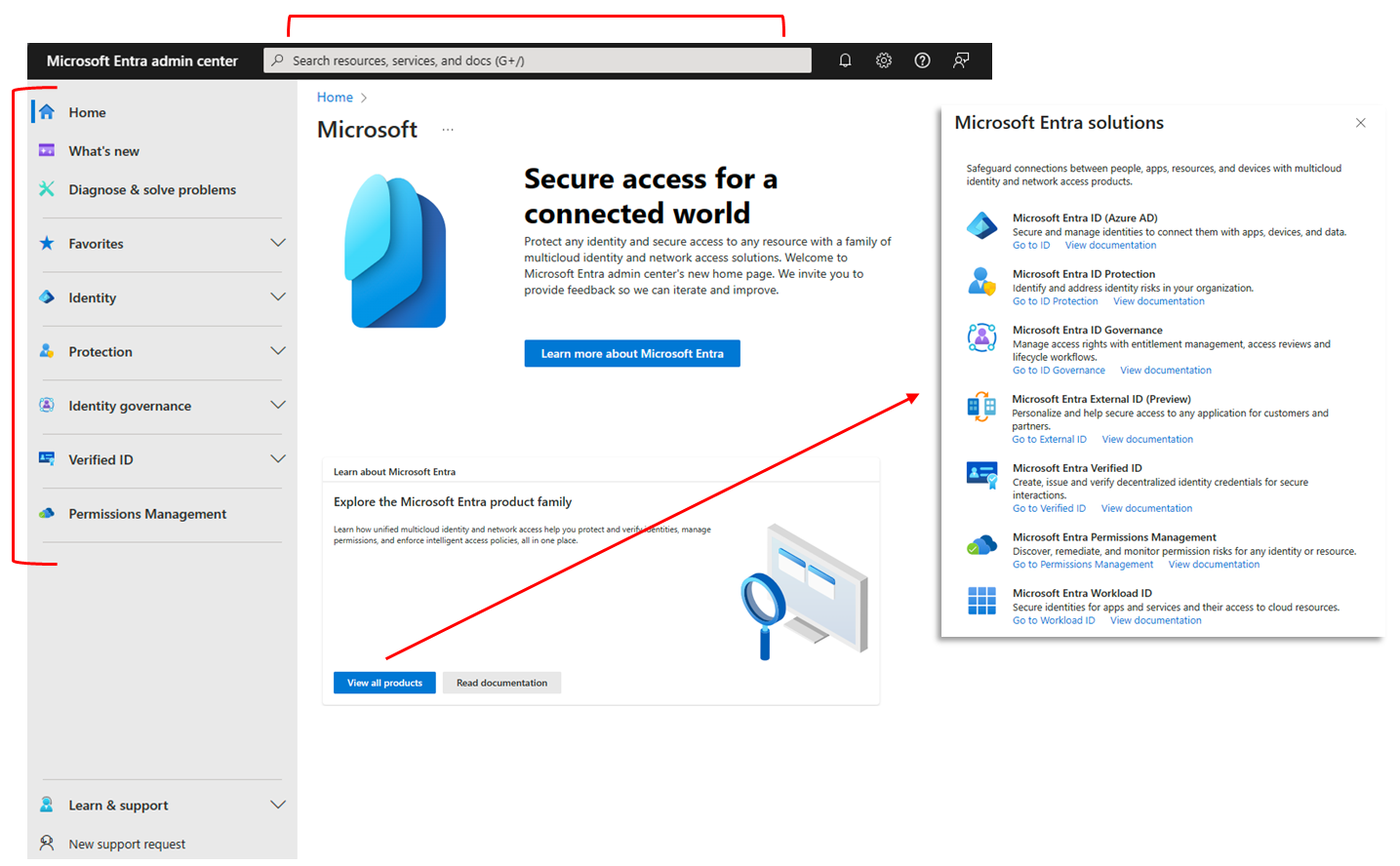 Screenshot of the Microsoft Entra admin center overview home page.