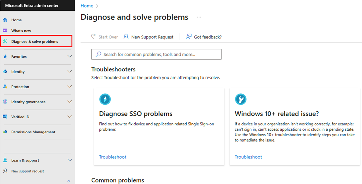 Screenshot of the Microsoft Entra admin center Diagnose & solve menu.