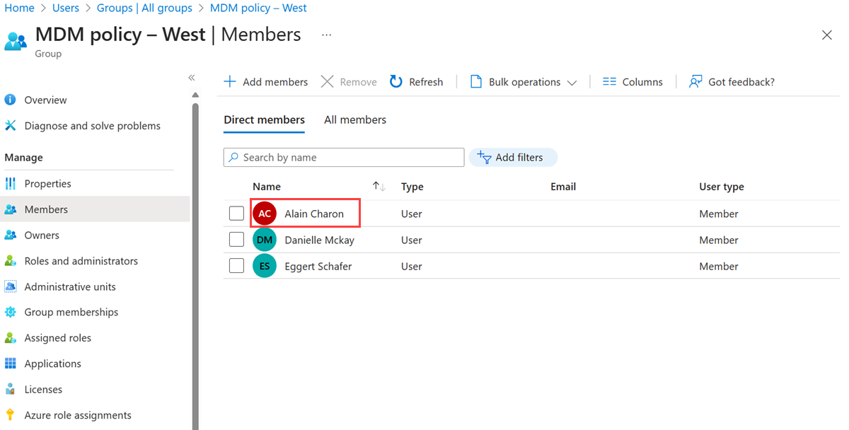 Screenshot of the list of members assigned to the MDM policy - West group.