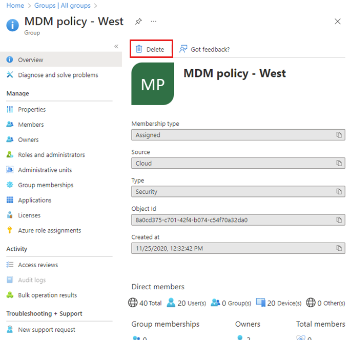 Screenshot of the MDM policy - West Overview page with Delete link highlighted.