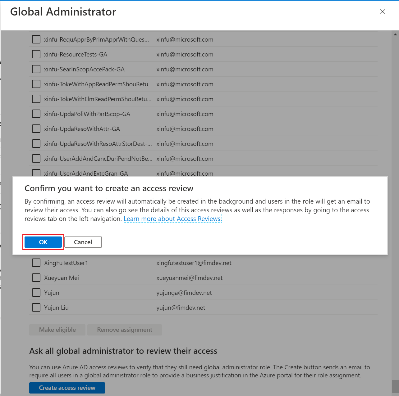 Screenshot showing the Global Administrators page showing the access reviews section.