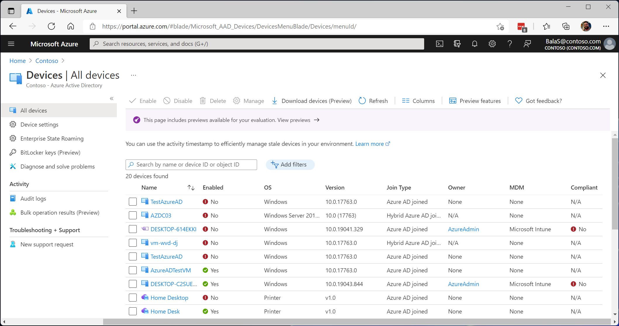 Devices displayed in Microsoft Entra Devices blade