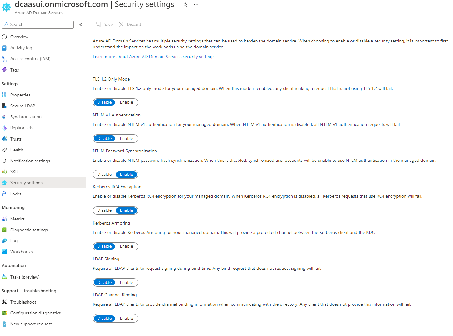 Screenshot of Security settings to disable weak ciphers and NTLM password hash sync