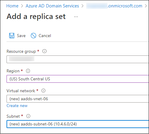 Example screenshot to create a replica set in the Microsoft Entra admin center