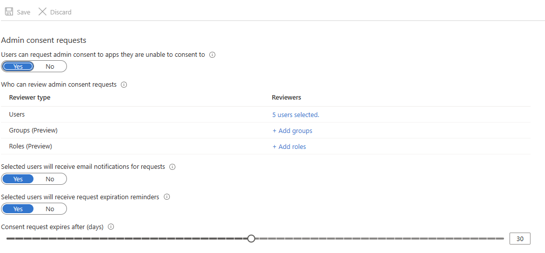 Screenshot of configure admin consent workflow settings.