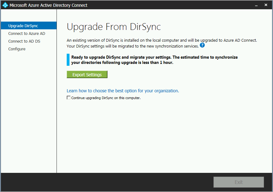 Screenshot that shows the Export settings option for migrating your settings to the new Microsoft Entra Connect installation.