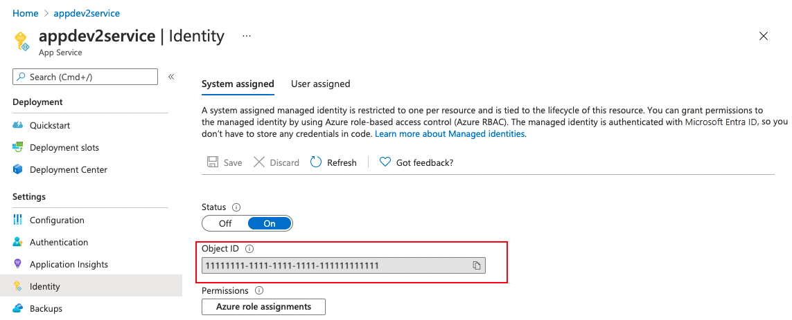 Screenshot showing how to get the object ID of system-assigned identity